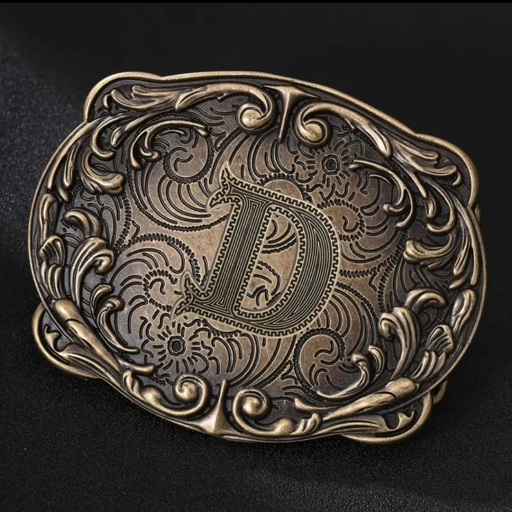 Western Initial “D” Belt Buckle – Monogram Floral Scroll – Cowboy Cowgirl